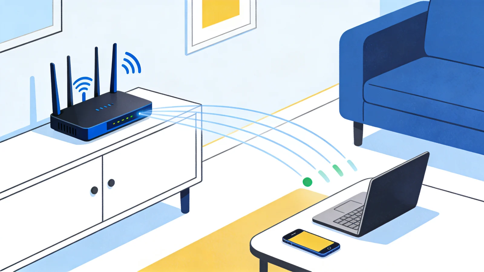 WLAN-Router mit Signal zu Laptop und Smartphone im Wohnzimmer in Köln